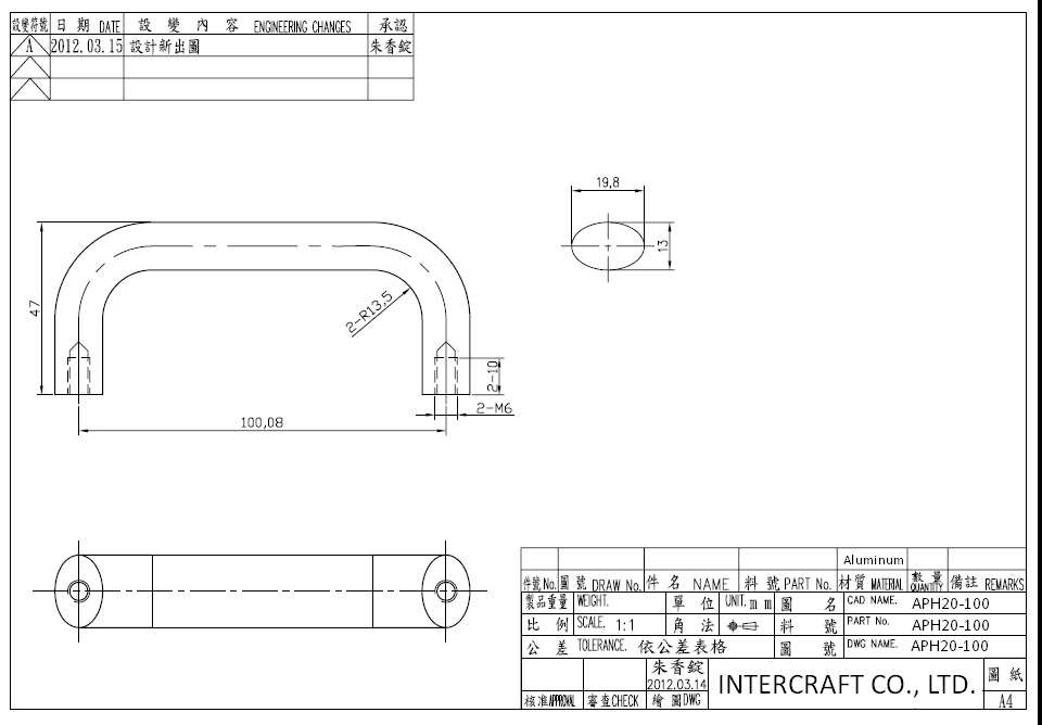 Aluminum Extrusion U-handle APH20 Dimension